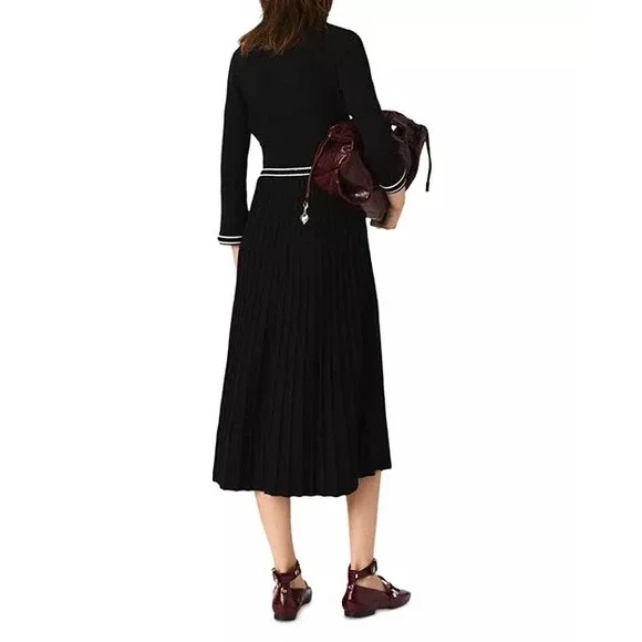 Maje Knit Midi Dress Contrast Trim Pleated Skirt Black White Office Classic $480 - Picture 2 of 15